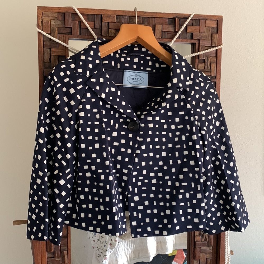 Prada 100% Silk short jacket. Navy blue and white checker